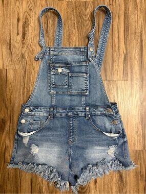 Almost Famous Distressed Blue Denim Short Overalls
